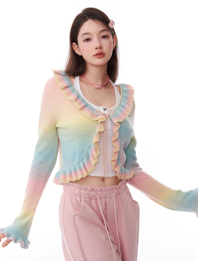 Gradient Contrast Color Ruffled Trumpet Sleeve Knitted Cardigan ZIZ0183