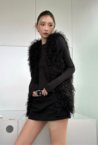 Black Environmentally Friendly Leather Fur Vest Jacket IAM0078