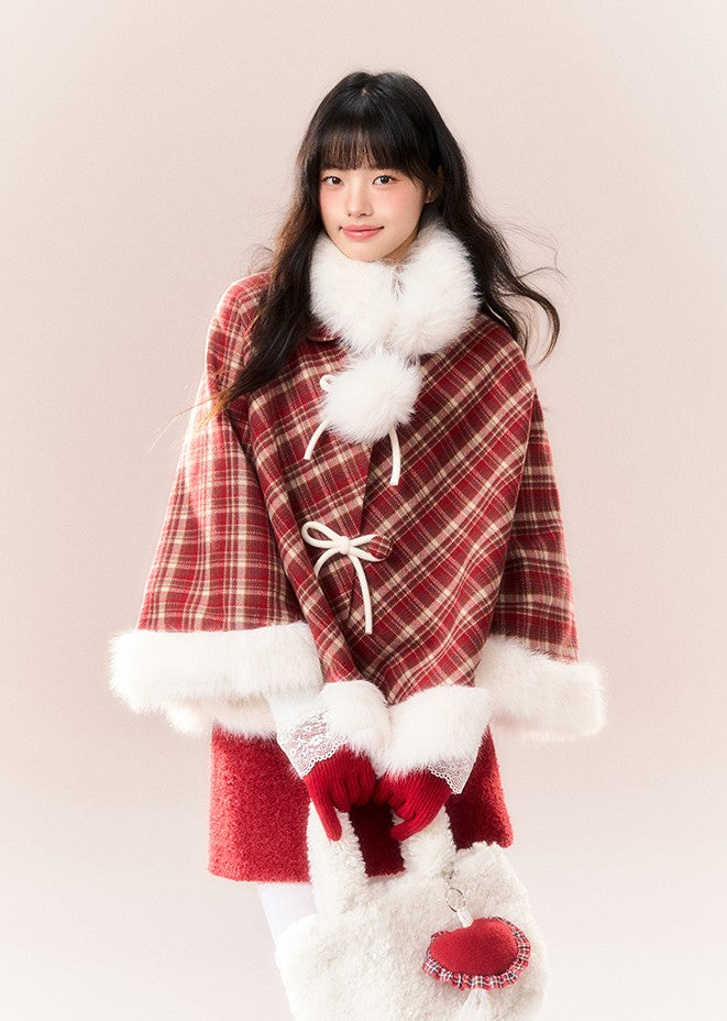 Red Checkered Bow Fur Collar Coat NTO0163