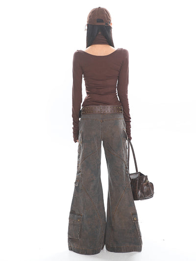 Retro Washed Brown Mopping Jeans UNC0230