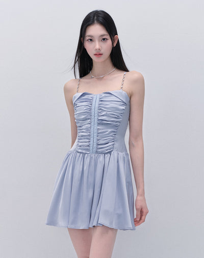 Chain Satin Pleated Suspender Dress FRA0279