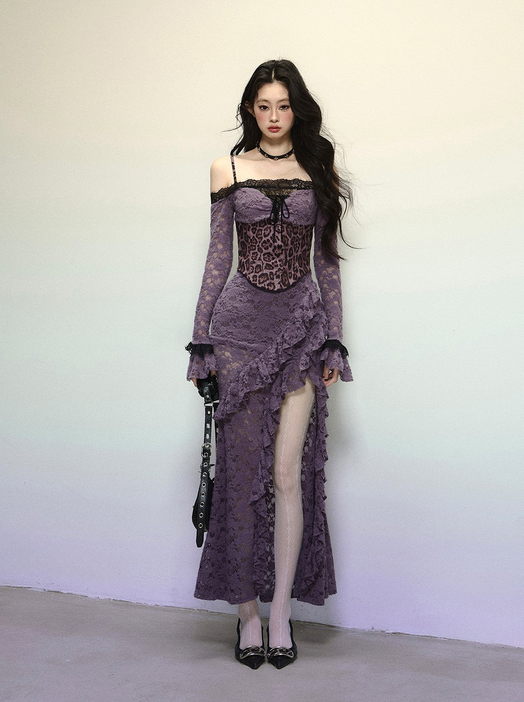 Purple Lace Leopard Print Long Dress DIA0316