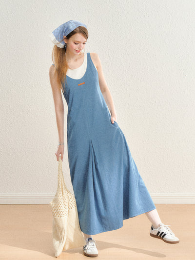 Center Pleats Design Denim Blue Long Dress SPE0061