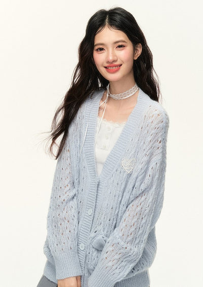 Bow Pocket Hollow Cable Knitted Sweater Cardigan NTO0134