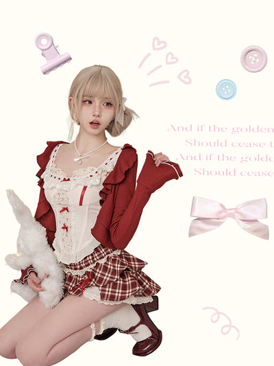 Flared Sleeve Ruffle Short Cardigan & Girly Ribbon Ruffle Top & Layered Ruffle Mini Plaid Skirt SER0037