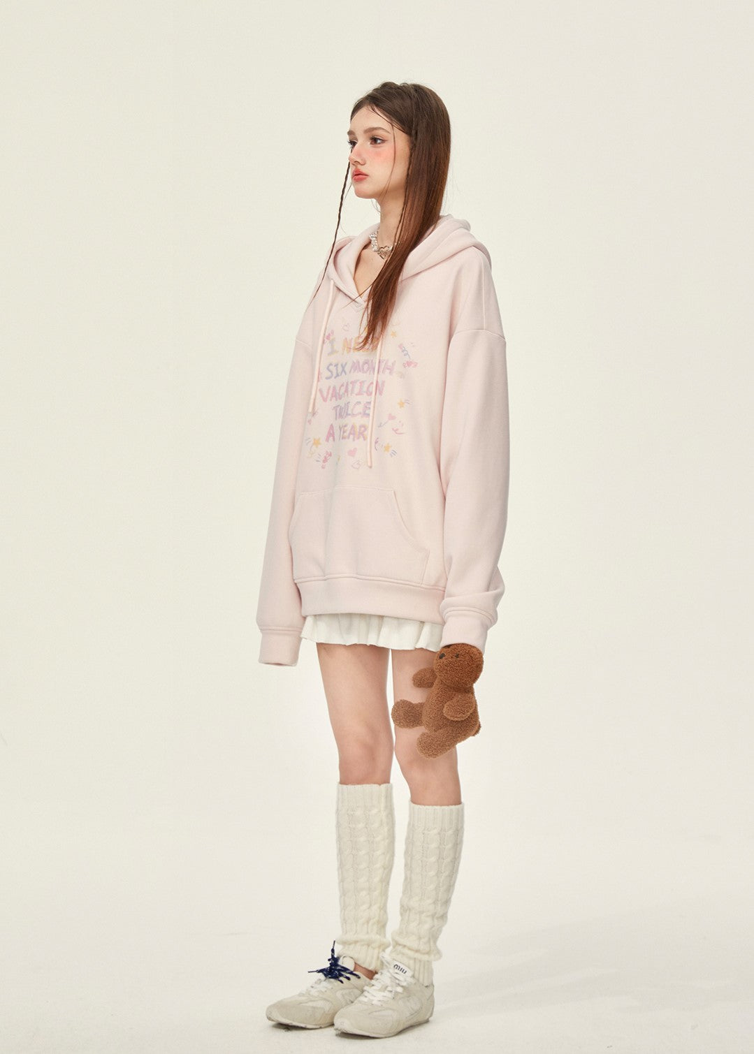 Pink Letter Loose Hooded Thickened Fleece Sweatshirt GIF0073