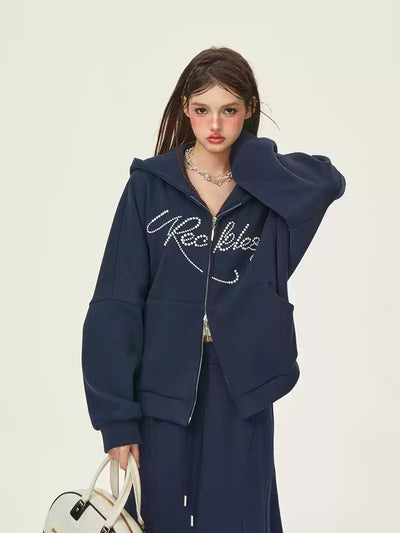 Double Zipper Plus Velvet Thickened Hooded Sweatshirt Jacket/Long Skirt GIF0075