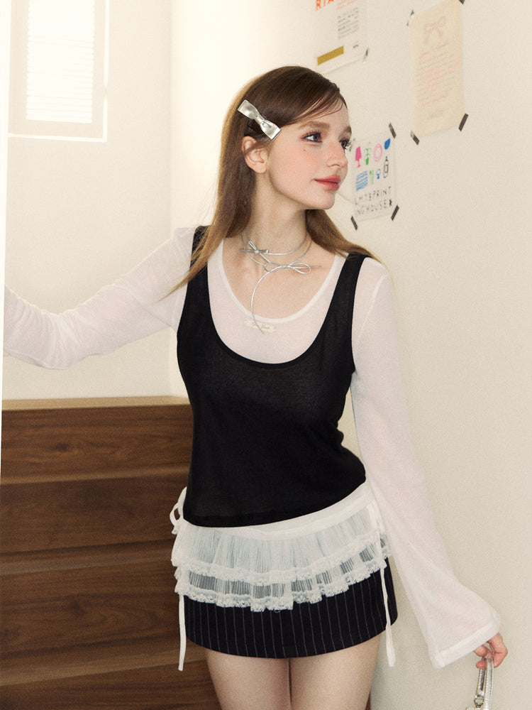 Lace Hem Layer Lightweight Flare Sleeve Top SPE0052