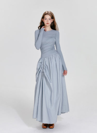 Ballet Style Round Neck High-end Irregular Pleated Long Sleeve Dress BOH0054