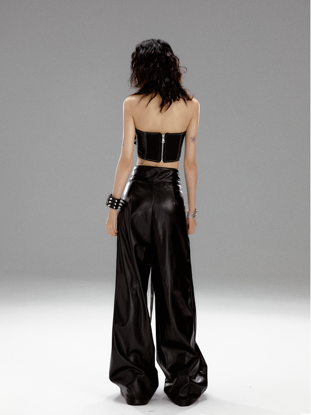 Punk Draped V-Shaped High Waist Graffiti Print Black Leather Belt Pants FRU0056