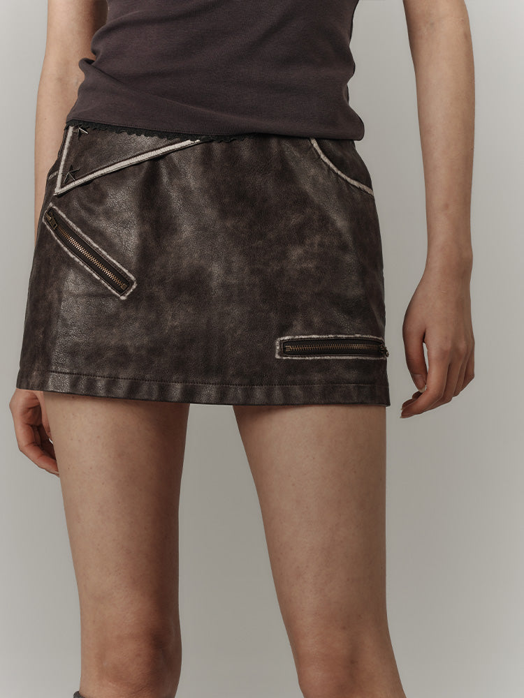 Hip cover distressed line leather skirt KIN0121
