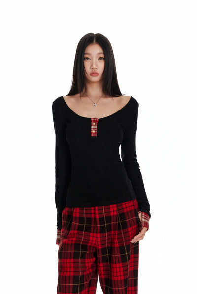 Plaid Patchwork Long-sleeved T-shirt 4MU0088