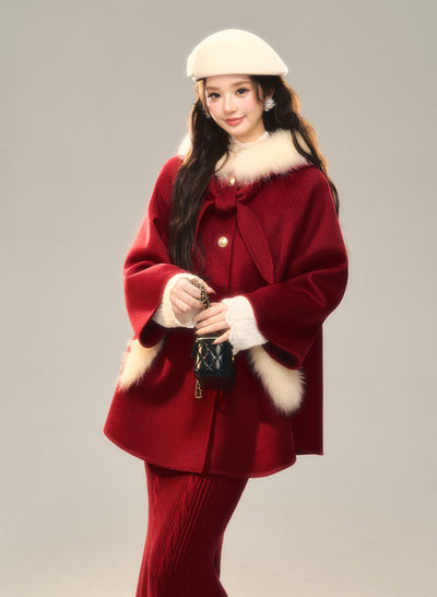 Hooded Burgundy Fur Wool Coat BBB0127