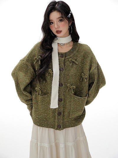 Loose Bow Color Loop Velvet Knitted Cardigan IMO0060