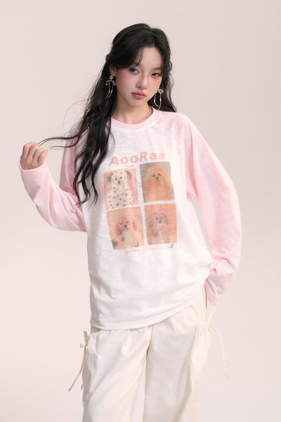 Dog Print Design Raglan Sleeve Long T-Shirt AOO0037