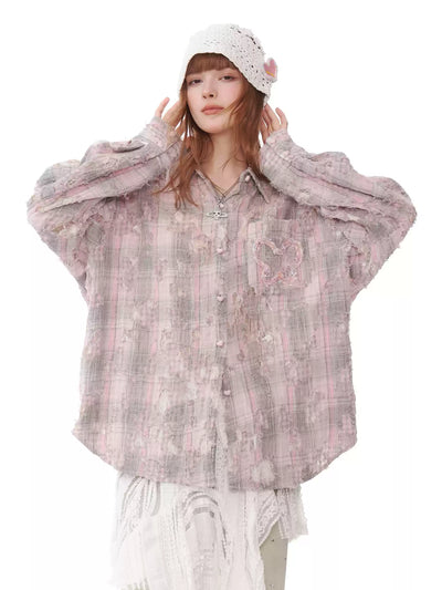 Butterfly Jacquard Pocket Damaged Plaid Loose Shirt ZIZ0161