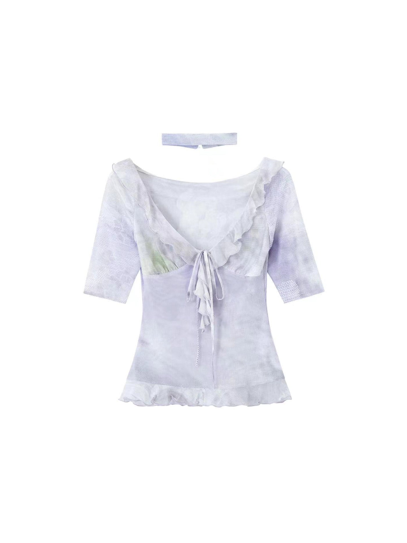 Romantic V-Neck Lavender Ruffle Mesh Cubic Sleeve Top OFA0143