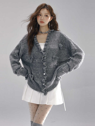 Soft knit ruffle cardigan with ribbon and pearl design LAC0229