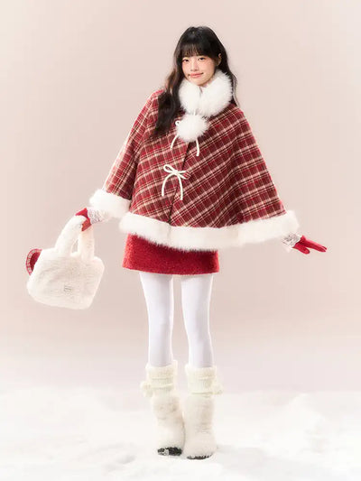 Red Checkered Bow Fur Collar Coat NTO0163