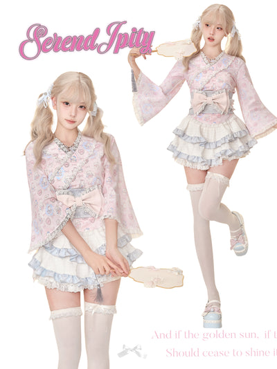 Kitten print pink happi style sweet top & lace ribbon belt & ruffle layered shorts SER0063