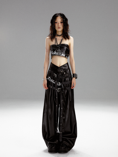 Punk Draped V-Shaped High Waist Graffiti Print Black Leather Belt Pants FRU0056