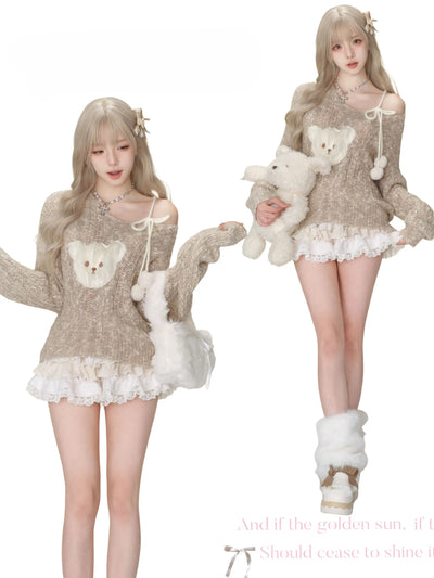 Bear Off-shoulder Sweater/Knitted Cake Skirt SER0117