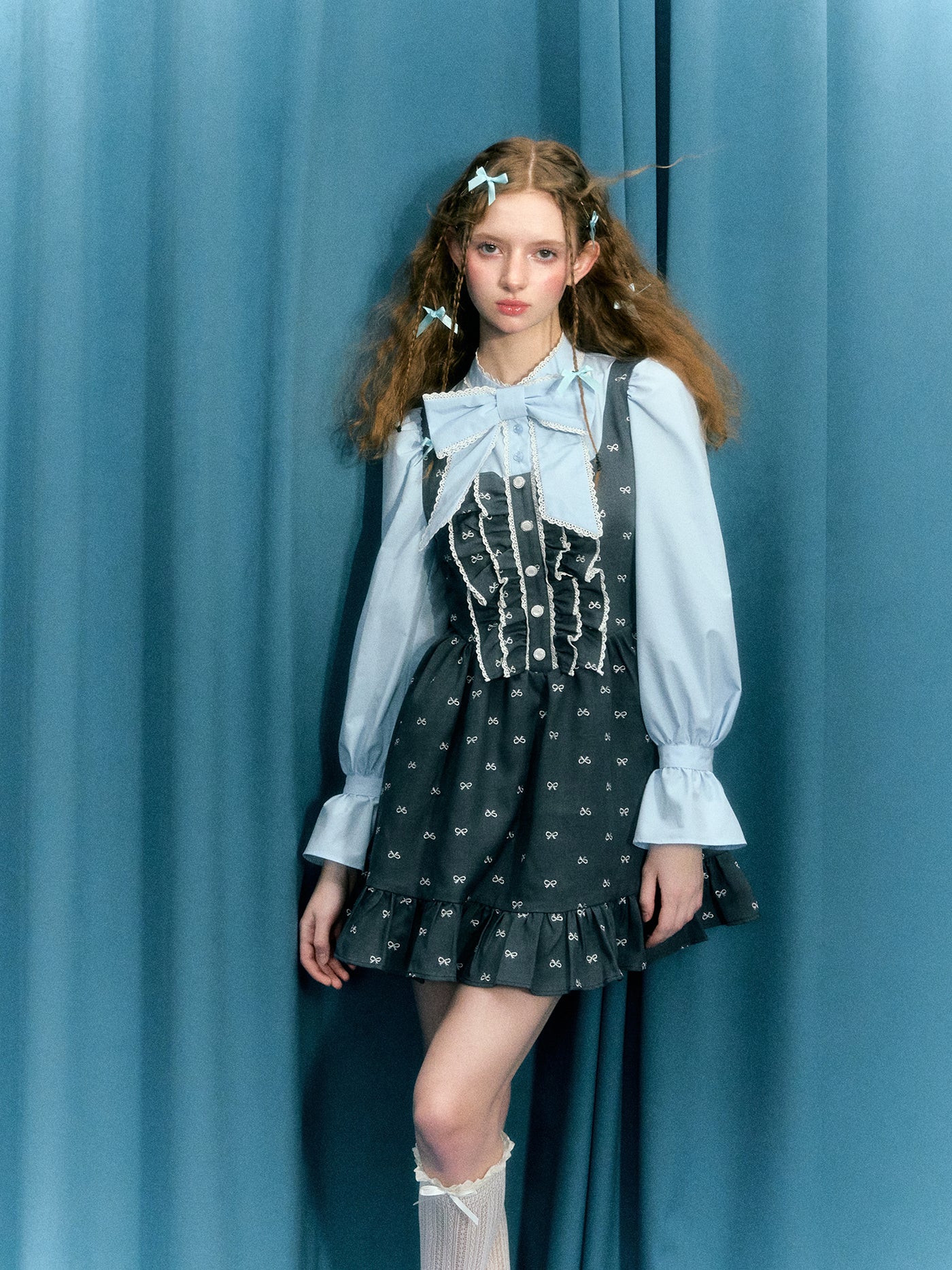 Blue-gray Bow Puff Sleeves Fake Two-piece Tutu Skirt Dress NAR0040