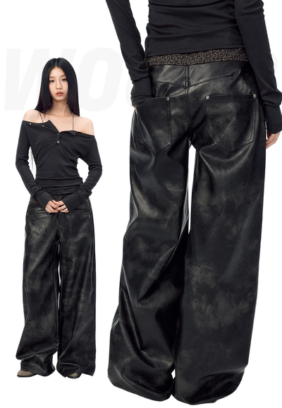 Waist Leopard Pattern Leather Style Casual Wide Pants WOO0113