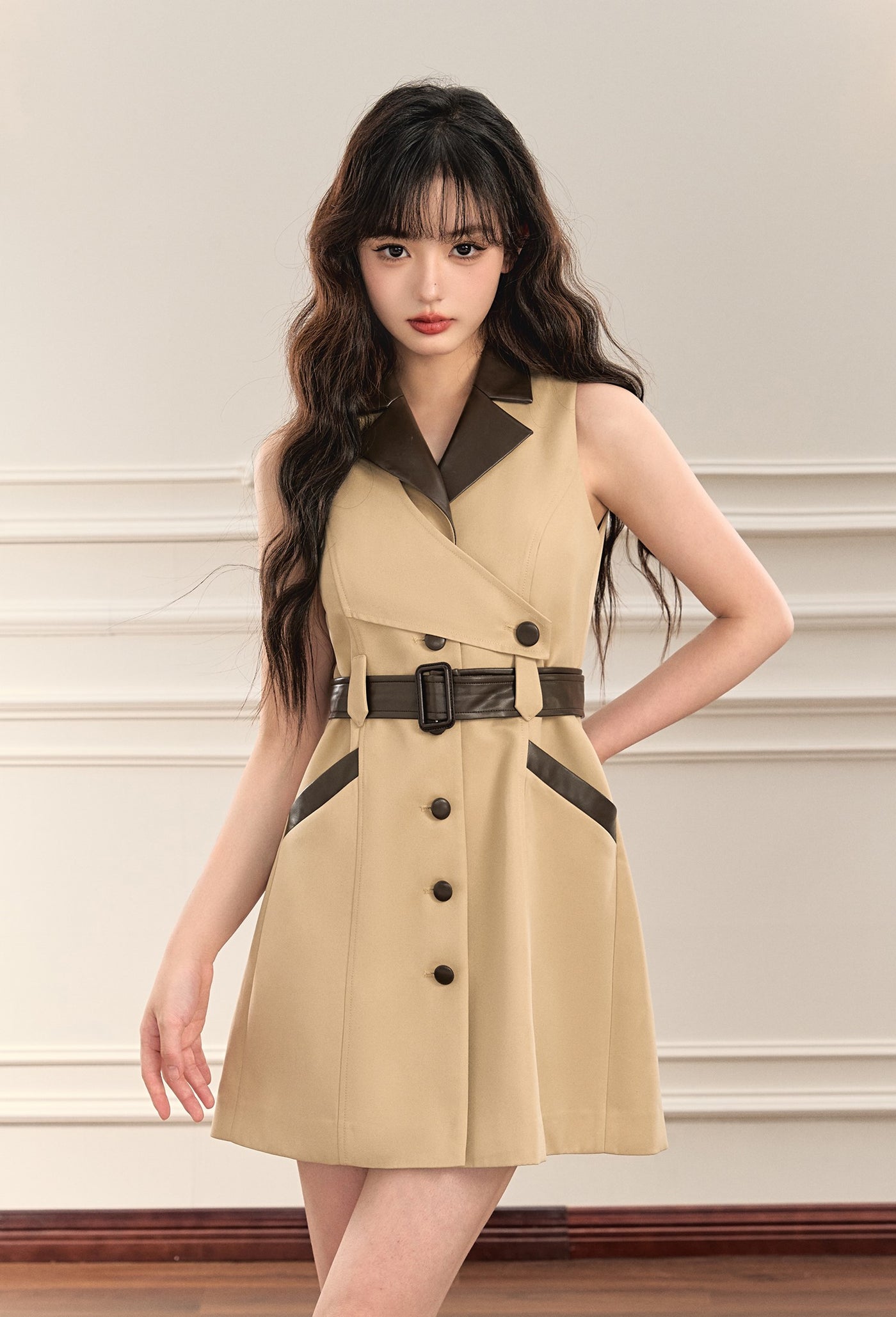 High-end Contrast Color Leather Trench Jacket/Dress OSH0063