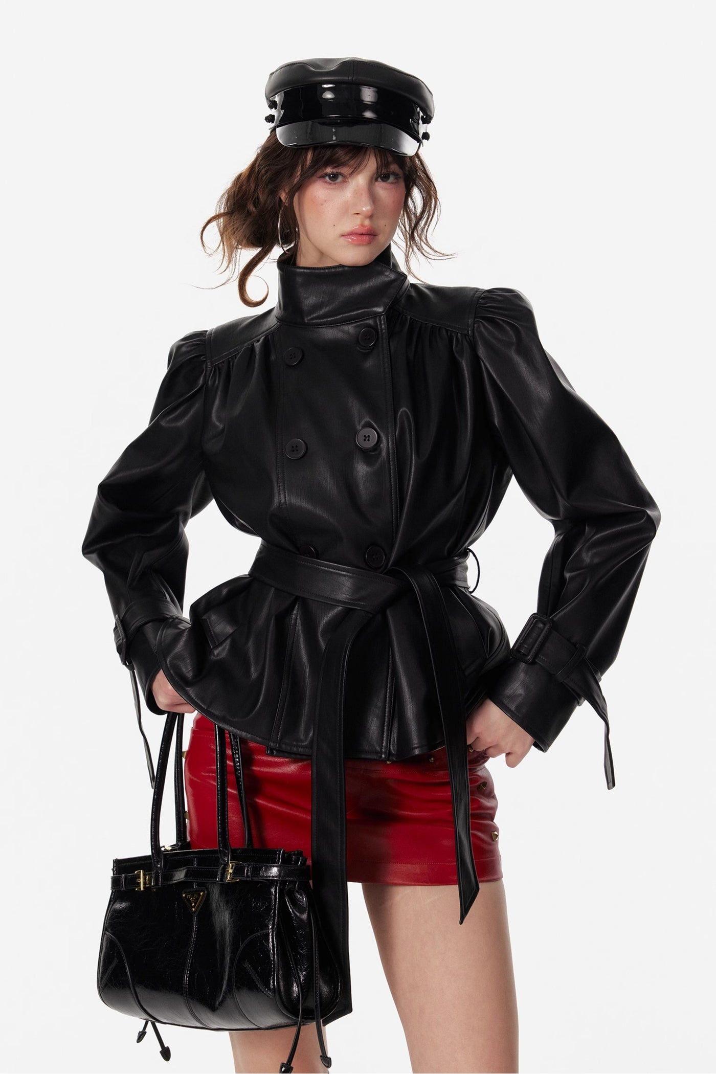 Pleated Stand Collar Black Leather Jacket 4MU0091