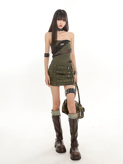 Studded Belt Design Point Lace Tight Dress UNC0082