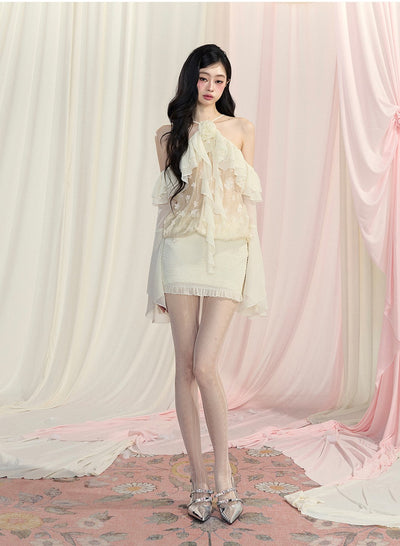 크림 퍼프 얇은 명주 그물 홀터 넥 드레스 DIA0437