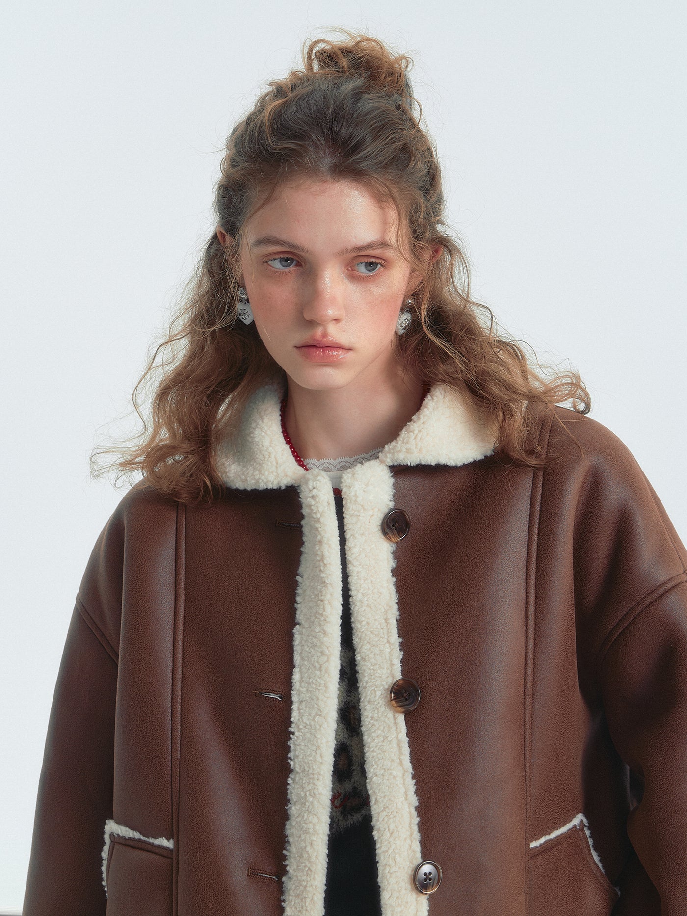 Brown Lapel Shearling Fur Short Jacket SOM0141