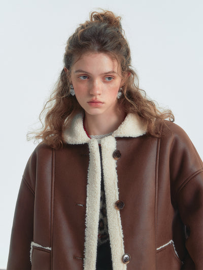 Brown Lapel Shearling Fur Short Jacket SOM0141