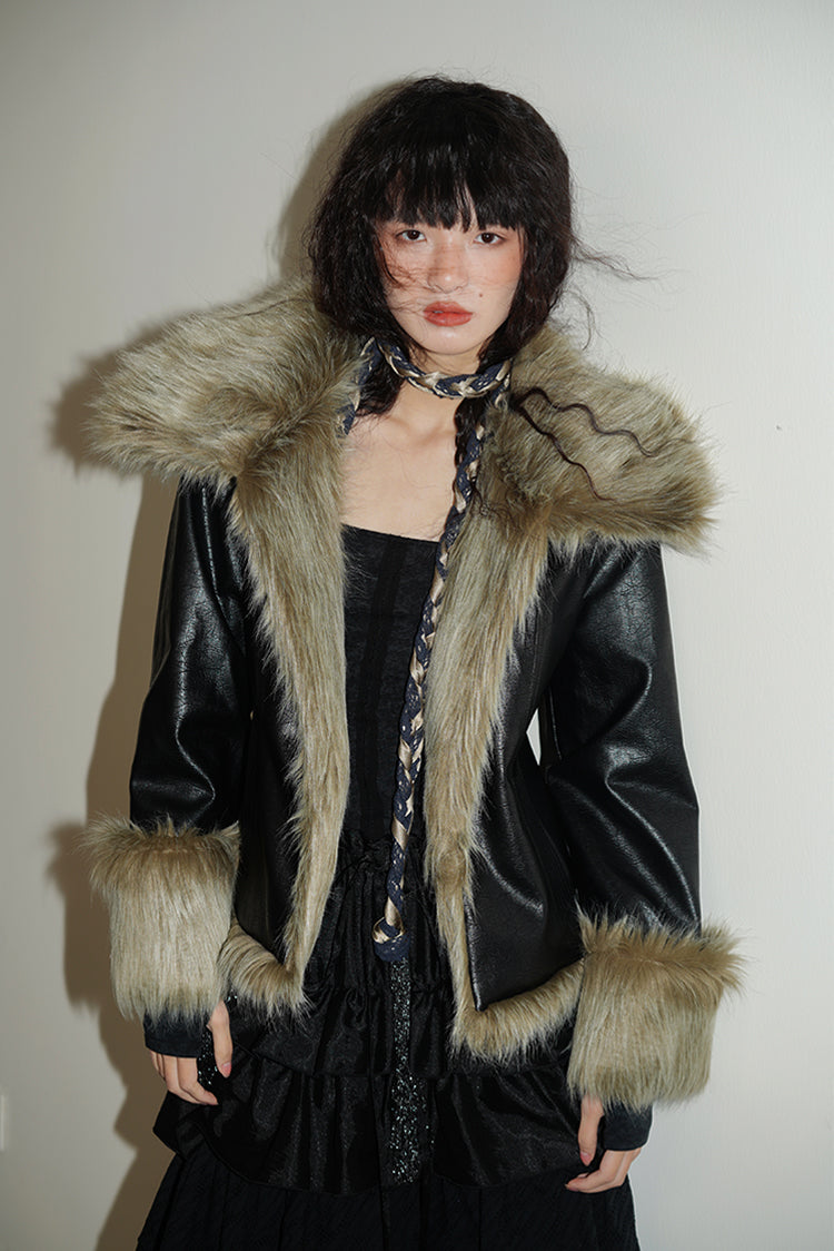 Retro Design Splicing Fur Collar Textured Leather Jacket BAD0046