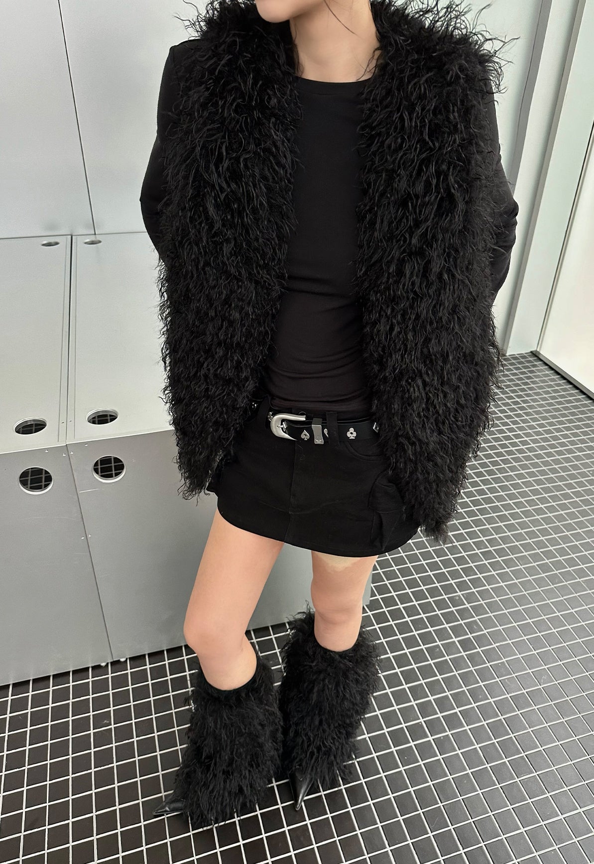 Black Environmentally Friendly Leather Fur Vest Jacket IAM0078