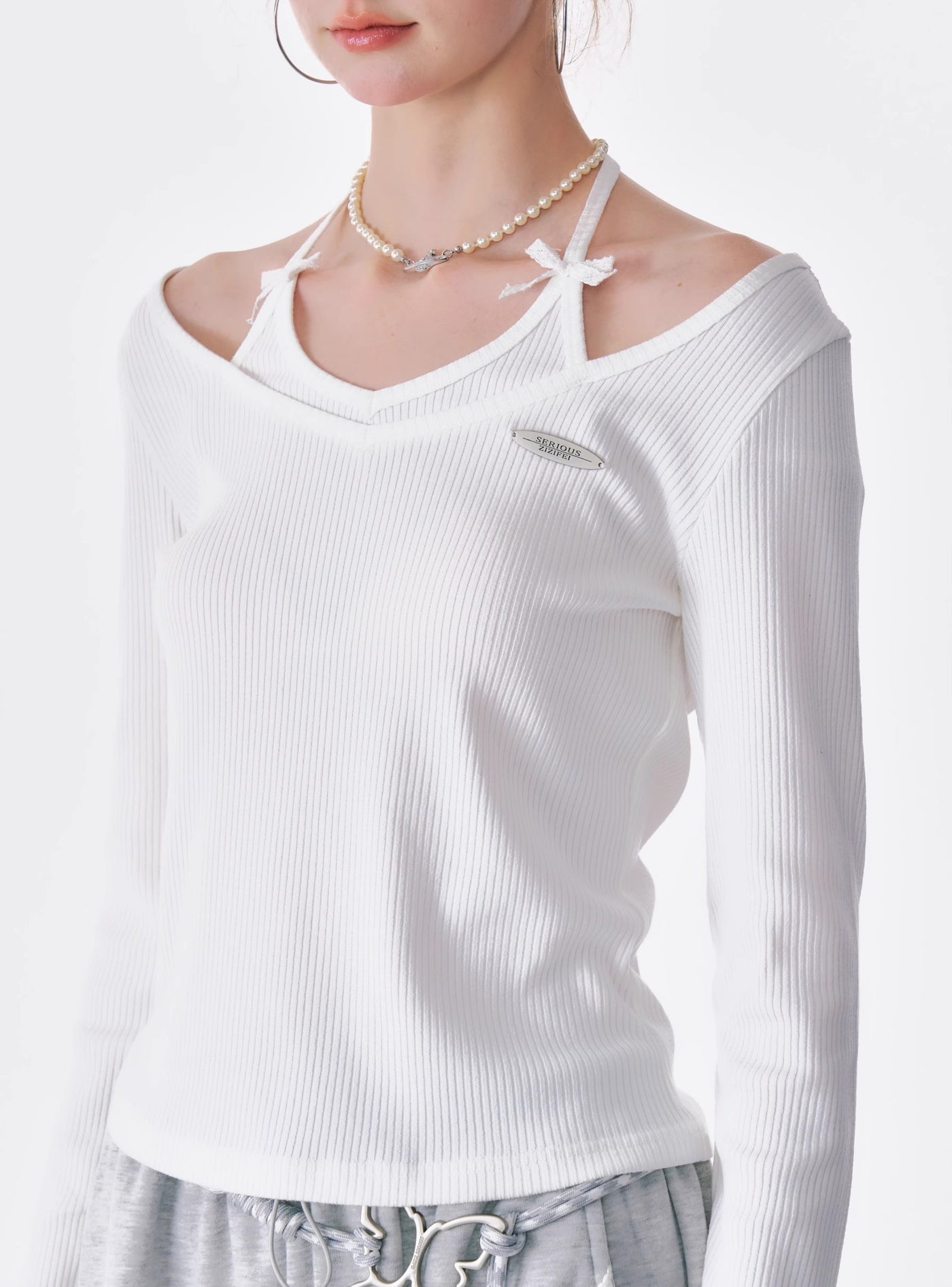 Bow Halter Neck Long Sleeve Knitted T-shirt ZIZ0178