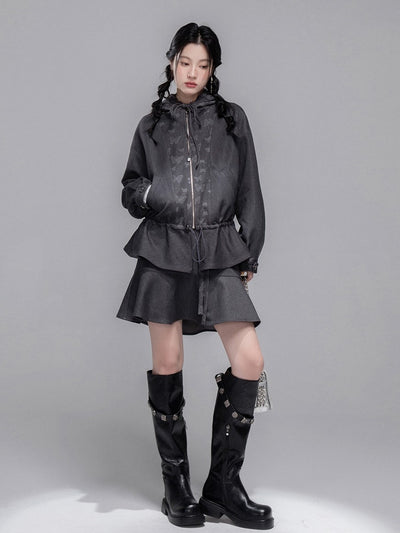 Gray Butterfly Spliced Hooded Jacket+Skirt COT0353