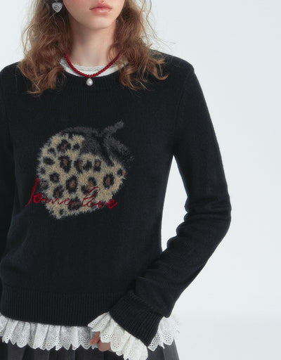 Leopard Strawberry Crew Neck Long Sleeve Sweater SOM0123