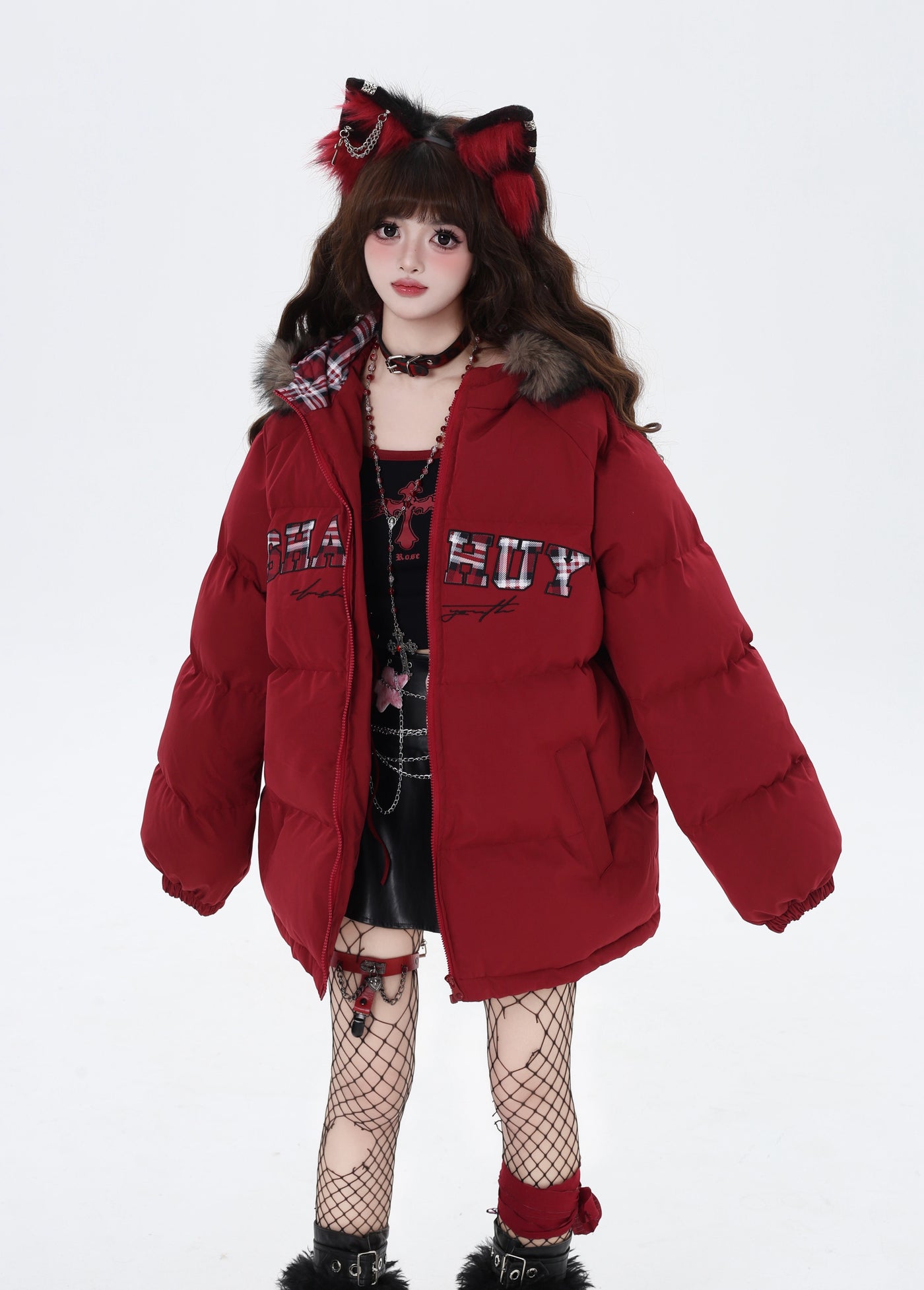 Letter Print Fur Hooded Loose Down Jacket CRA0085