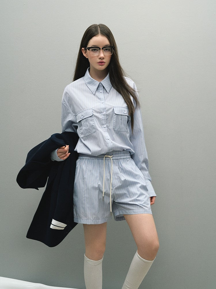 Lazy Striped Long-sleeved Simple Casual Shirt/Mid-waist Shorts LAL0043