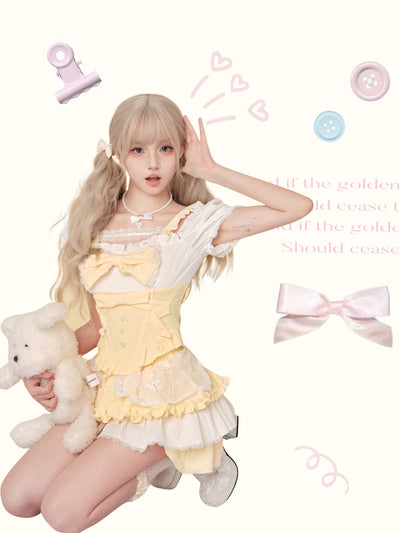 Square neck big bow ruffle girly top & yellow and white layered ruffle mini skirt SER0038