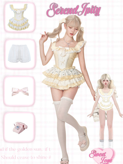 Ruffle Collar Layered Sweet Pastel Yellow Dress & Petticoat Shorts SER0064