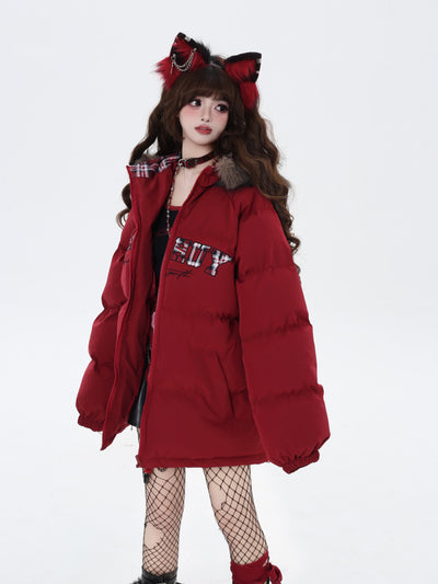 Letter Print Fur Hooded Loose Down Jacket CRA0085