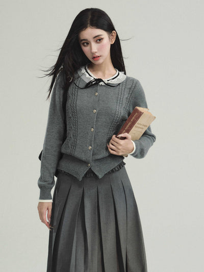 College Style Lace Ribbon Collar Cable Knit Cardigan FRA0218