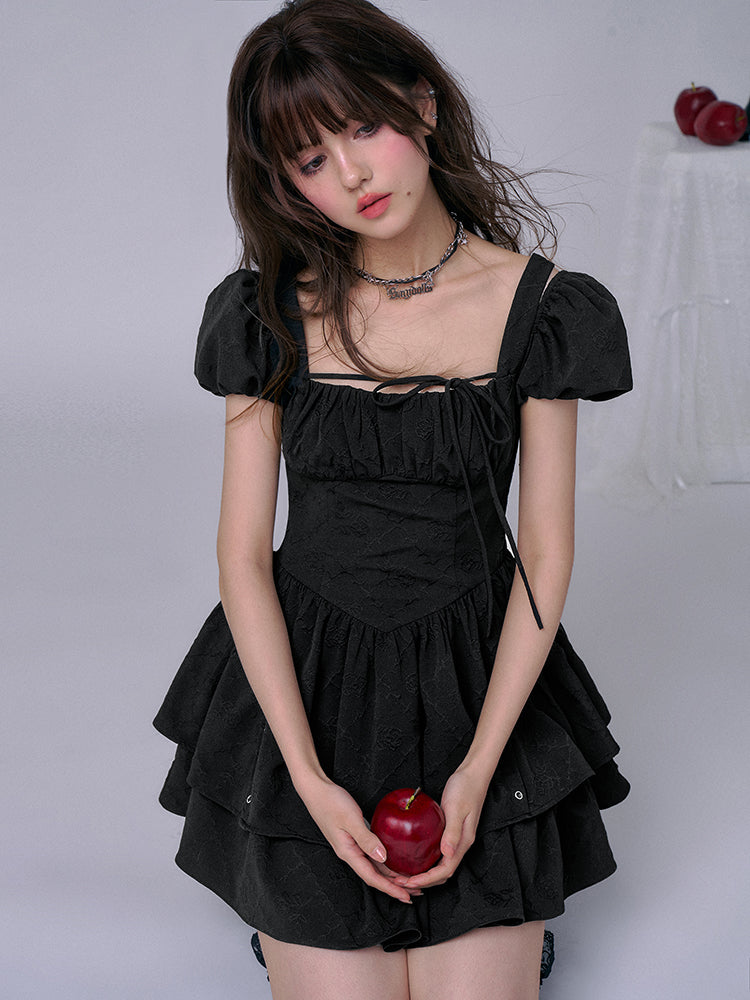 Square Neck Puff Sleeve Girly Layered Dress & Balloon Shorts SAG0164