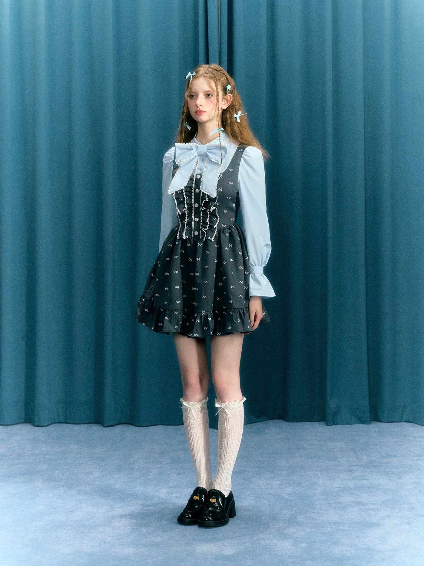 Blue-gray Bow Puff Sleeves Fake Two-piece Tutu Skirt Dress NAR0040