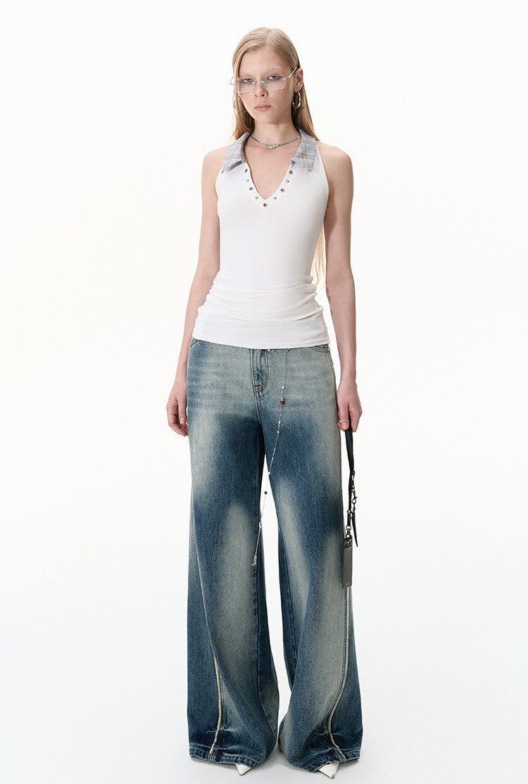 Contrast Loose Wide Leg Raw Edge Jeans BYW0022