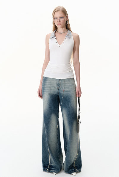 Contrast Loose Wide Leg Raw Edge Jeans BYW0022