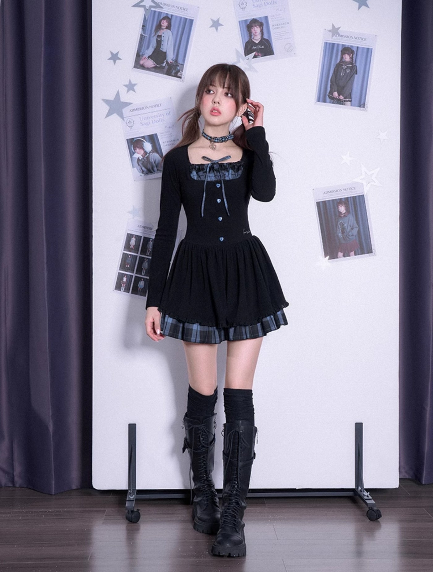 Blue Black Grid Knitted Cake Dress SAG0219